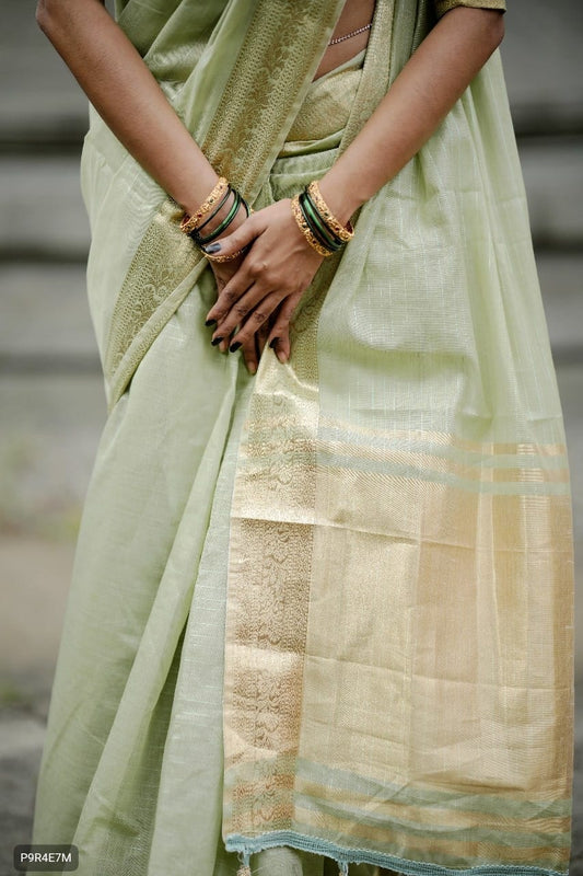 Onam Festival Special Cotton Saree with Zari Checks & Lagadi Pallu – Traditional Kerala Saree with Zari Border & Weaving Blouse