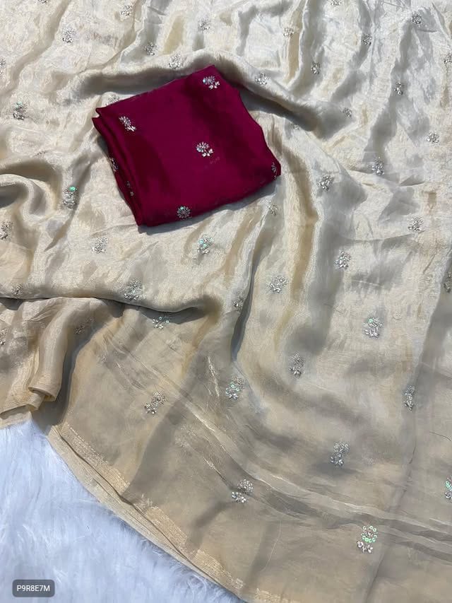 Onam Special Fendy Satin Dual Shaded Saree with Zari & Sequin Floral Butti Work