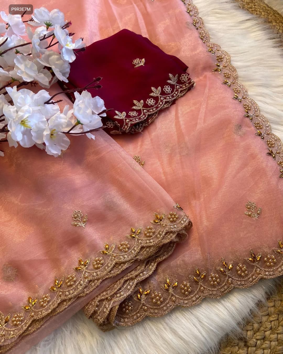 Organza Saree with Beadwork and Embroidery - Includes Matching Blouse Piece