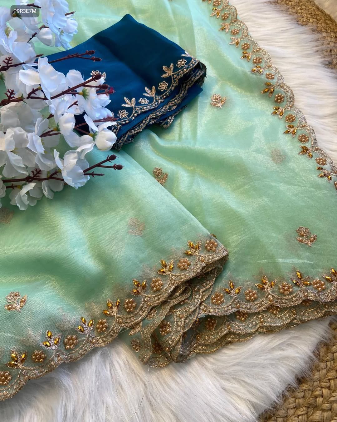 Organza Saree with Beadwork and Embroidery - Includes Matching Blouse Piece