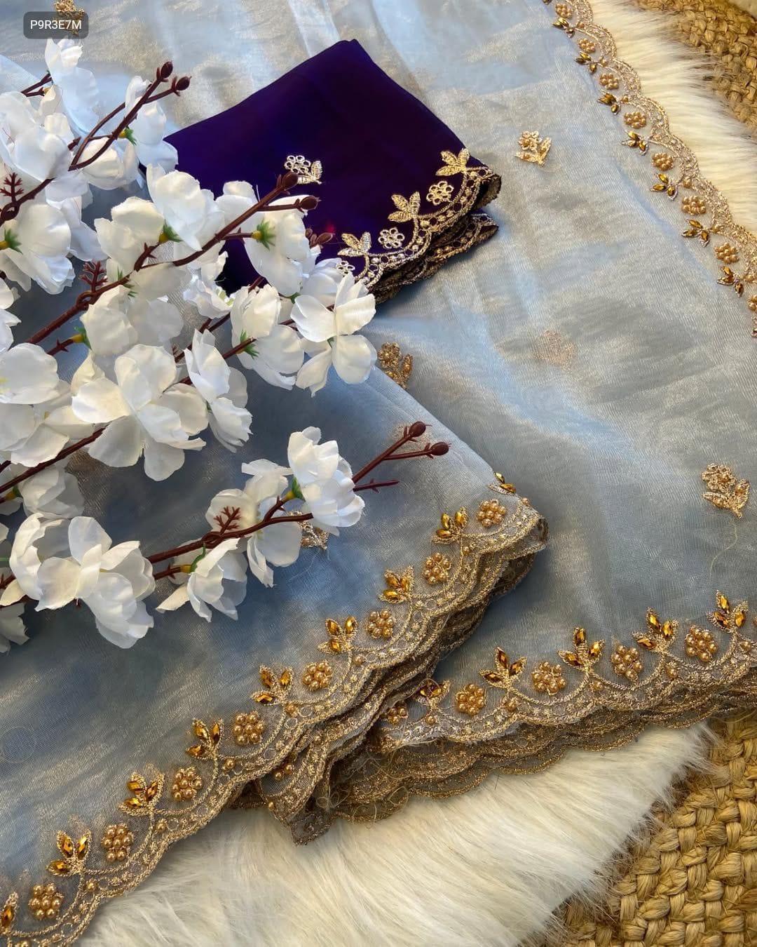 Organza Saree with Beadwork and Embroidery - Includes Matching Blouse Piece