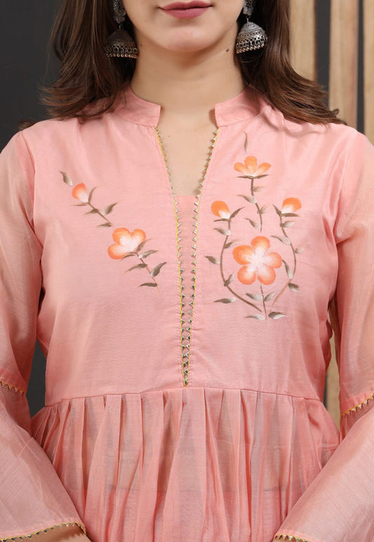 Painted Chanderi Lehenga Choli Set with Blouse & Dupatta