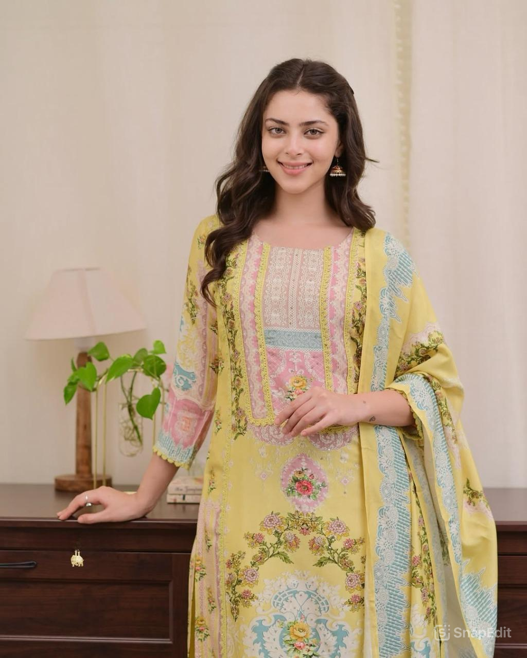 Pakistani Bahara Reshmi Yellow Suit Set with Schiffli Work & Dupatta