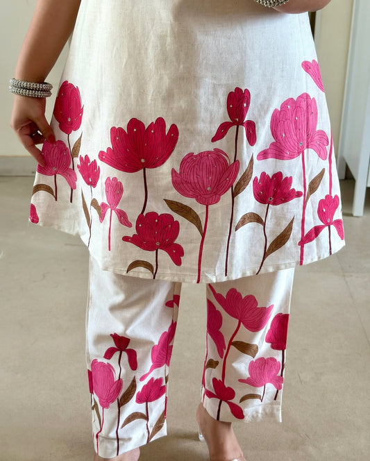 Panel Print Cotton Flex Kurti & Pant Set with Katha Work