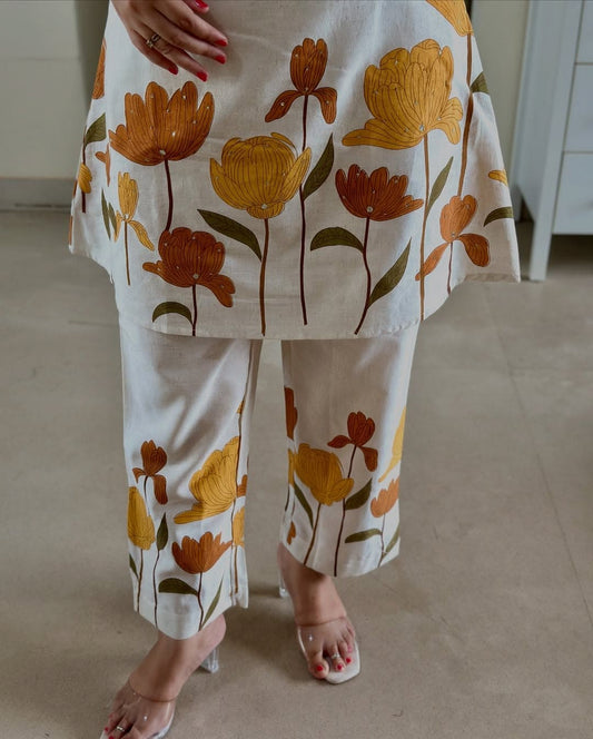Panel Print Cotton Flex Kurti & Pant Set with Katha Work