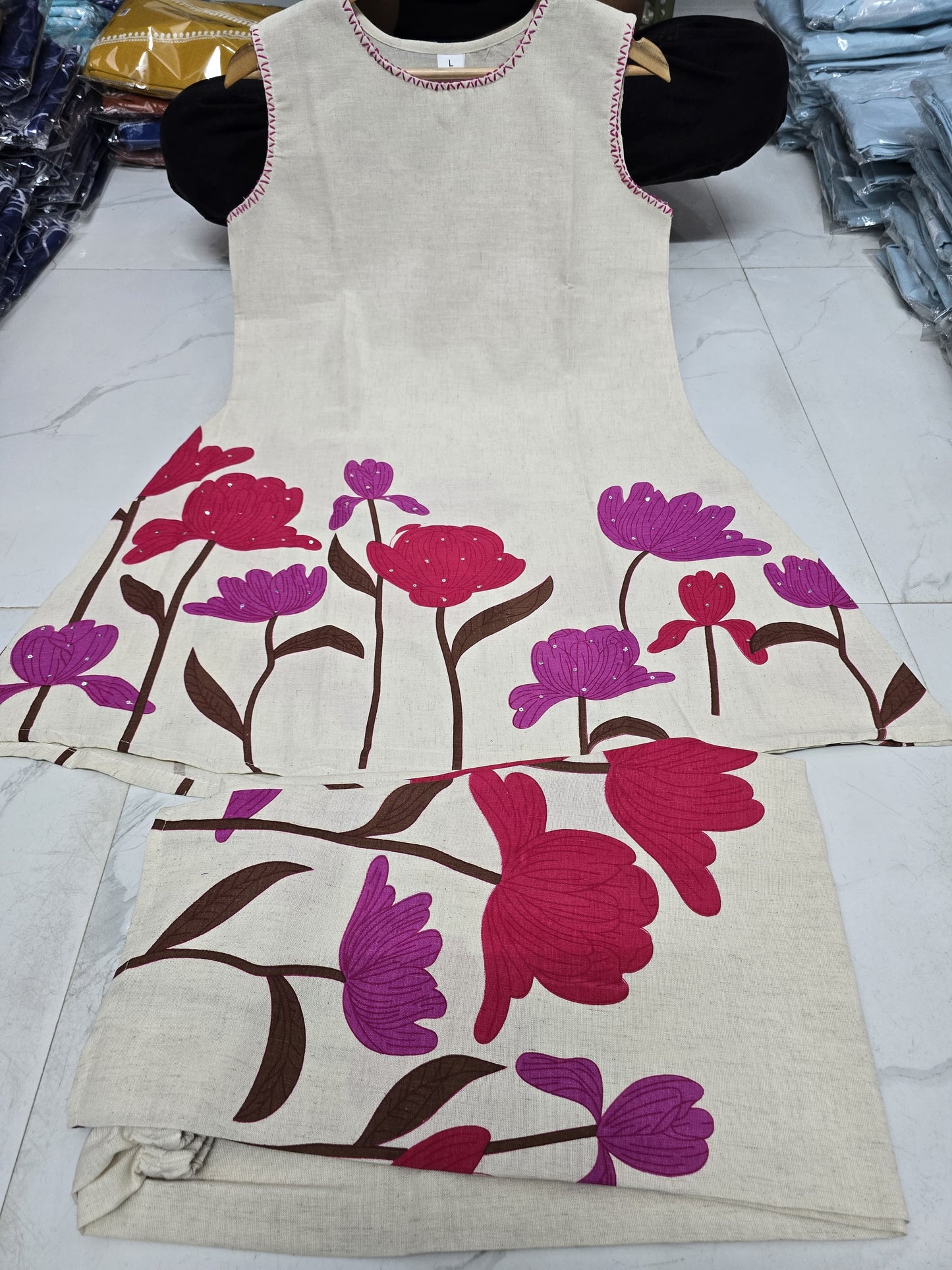 Panel Print Cotton Flex Kurti & Pant Set with Katha Work