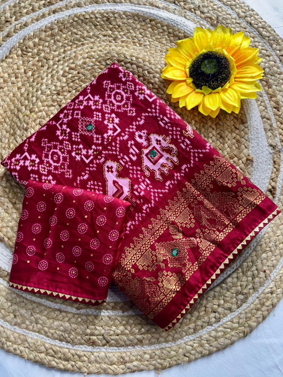Pashmina Dola Silk Saree with Bandhani Print & Mirror Work Border