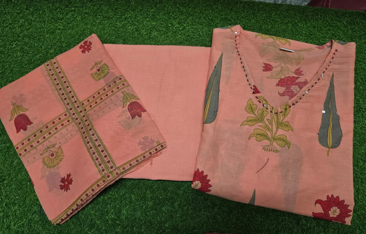 Pastel Floral Cotton Suit Set with Aada Work & Dupatta