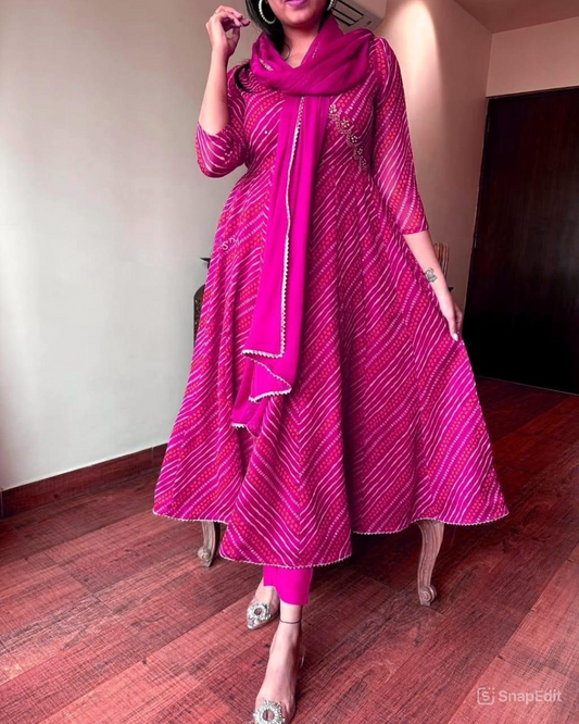Pink Bandhej Cotton Anarkali Suit Set with Zardozi Work & Nazmin Dupatta