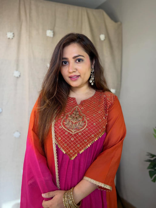 Pink & Orange Mul Chanderi Anarkali Set with Golden Work