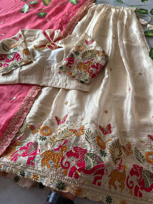Pipe Embroidery Animal Theme Halfsaree Lehenga with Scalloped Dupatta