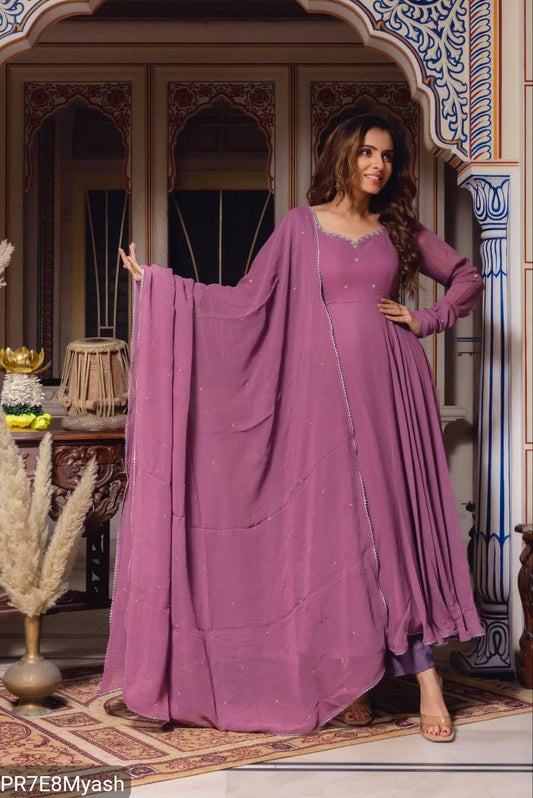 Plum Fox Georgette Anarkali Suit with Beads Work & Dupatta