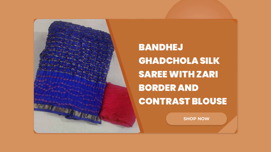 Bandhej Ghadchola Silk Saree with Zari Border and Contrast Blouse by@Outfy