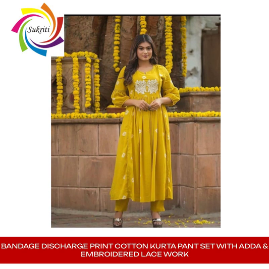 Bandage Discharge Print Cotton Kurta Pant Set with Adda & Embroidered Lace Work by@Outfy