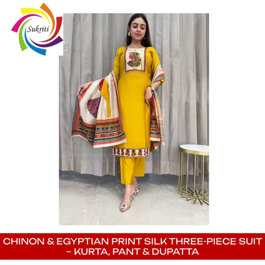 Chinon & Egyptian Print Silk Three-Piece Suit – Kurta, Pant & Dupatta by@Outfy