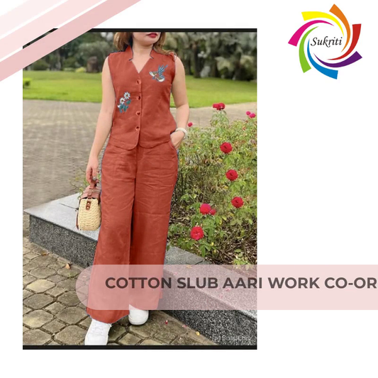 Cotton Slub Aari Work Co-Ord Set – Bird & Floral Embroidery by@Outfy