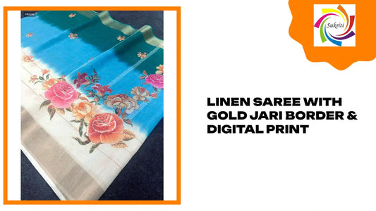 Linen Saree with Gold Jari Border & Digital Print by@Outfy