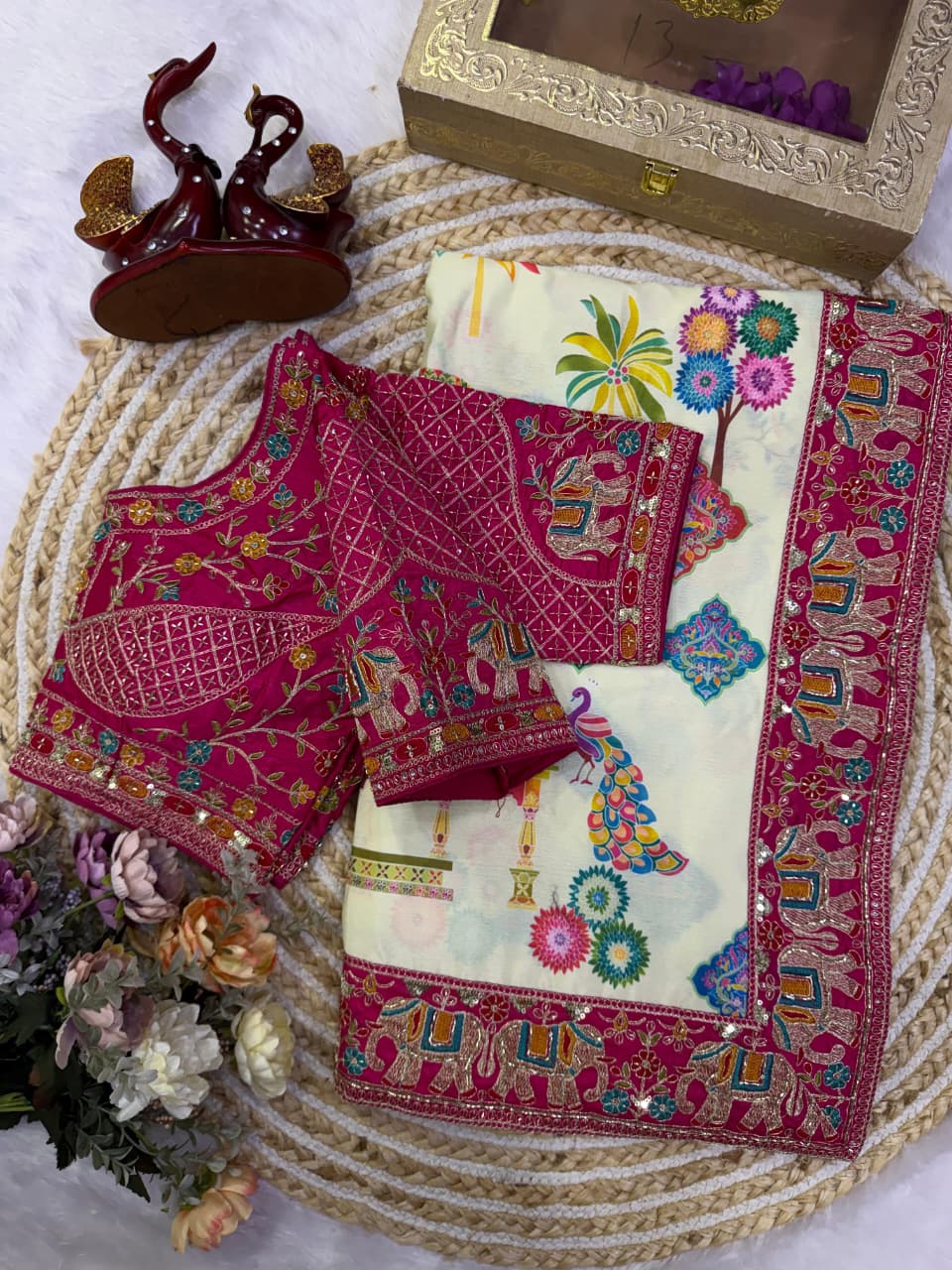 Printed Chinnon Silk Saree with Sequins & Embroidery Border | Banglori Blouse