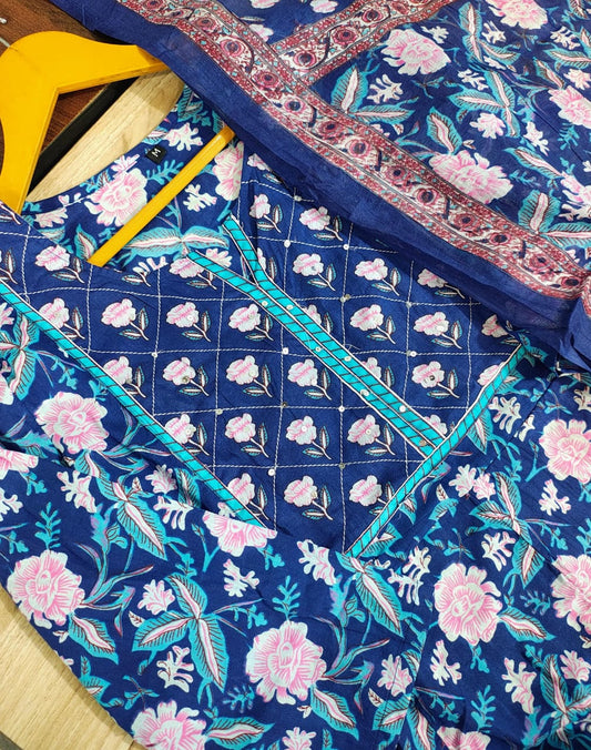Printed Cotton Anarkali Kurta Set with Straight Pant & Dupatta