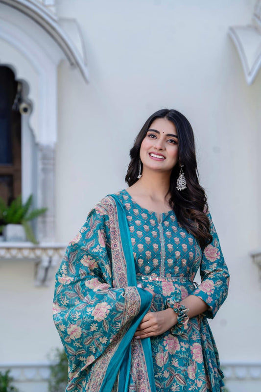 Printed Cotton Anarkali Kurta Set with Straight Pant & Dupatta