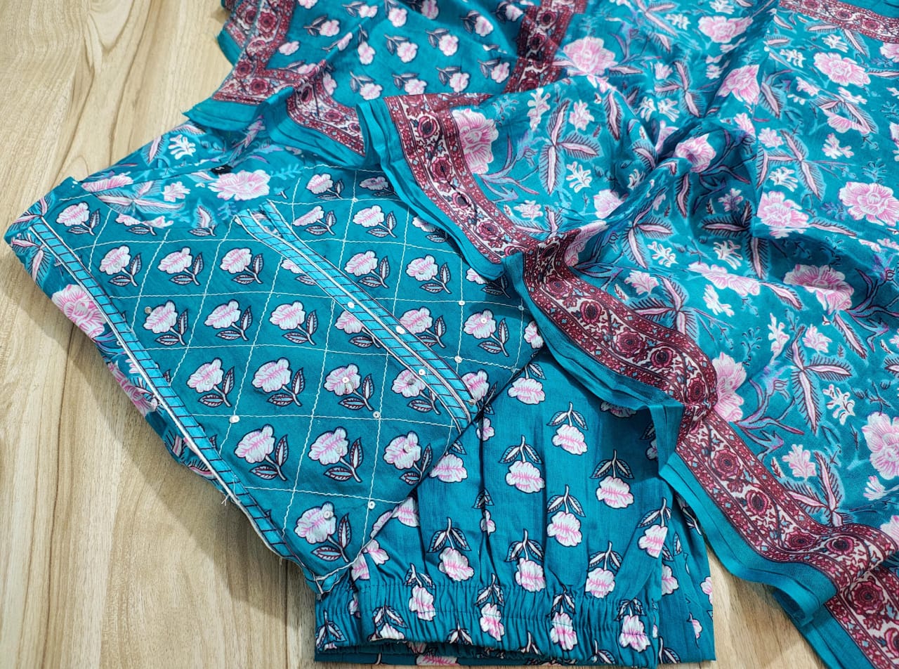 Printed Cotton Anarkali Kurta Set with Straight Pant & Dupatta