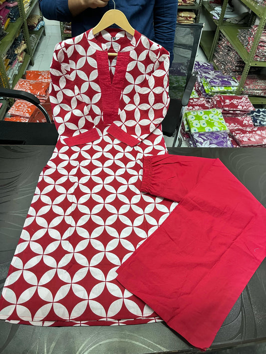 Printed Cotton Kurta Pant Plazo Set (Kurta 46", Pant 37") - 60*60 Cotton