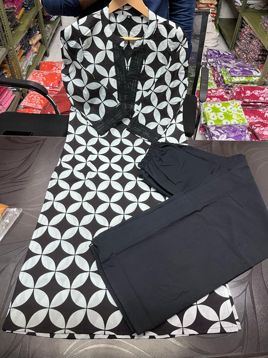 Printed Cotton Kurta Pant Plazo Set (Kurta 46", Pant 37") - 60*60 Cotton