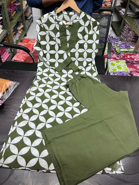Printed Cotton Kurta Pant Plazo Set (Kurta 46", Pant 37") - 60*60 Cotton