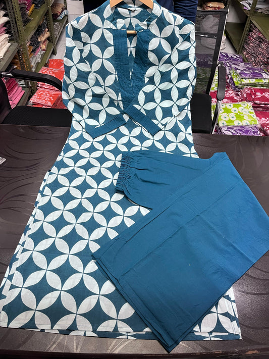 Printed Cotton Kurta Pant Plazo Set (Kurta 46", Pant 37") - 60*60 Cotton