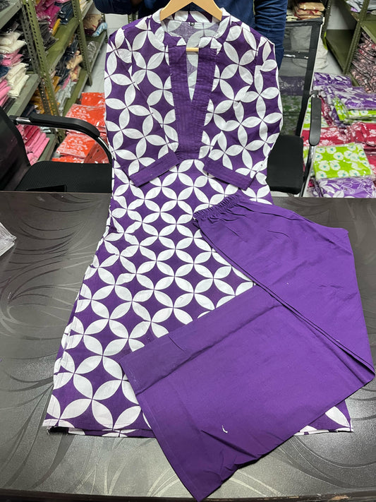 Printed Cotton Kurta Pant Plazo Set (Kurta 46", Pant 37") - 60*60 Cotton