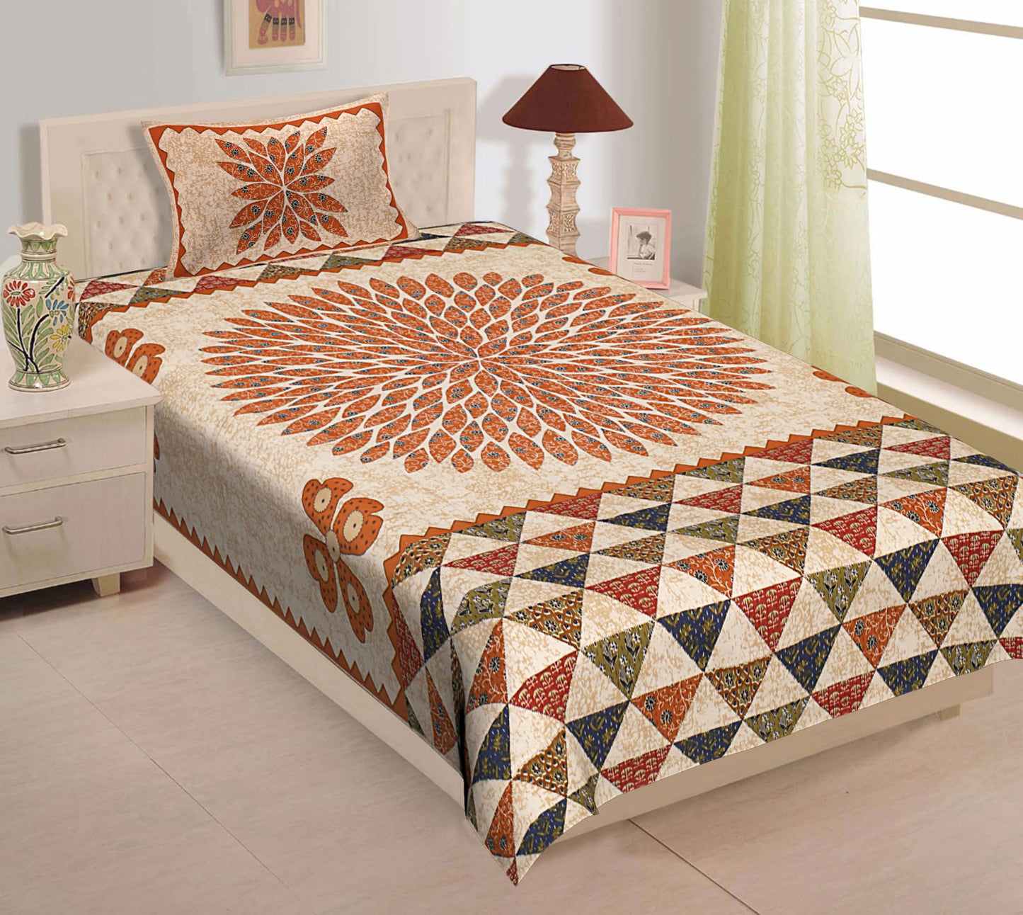 Printed Cotton Single Bedsheet with Pillow Cover (63x90 Inch)