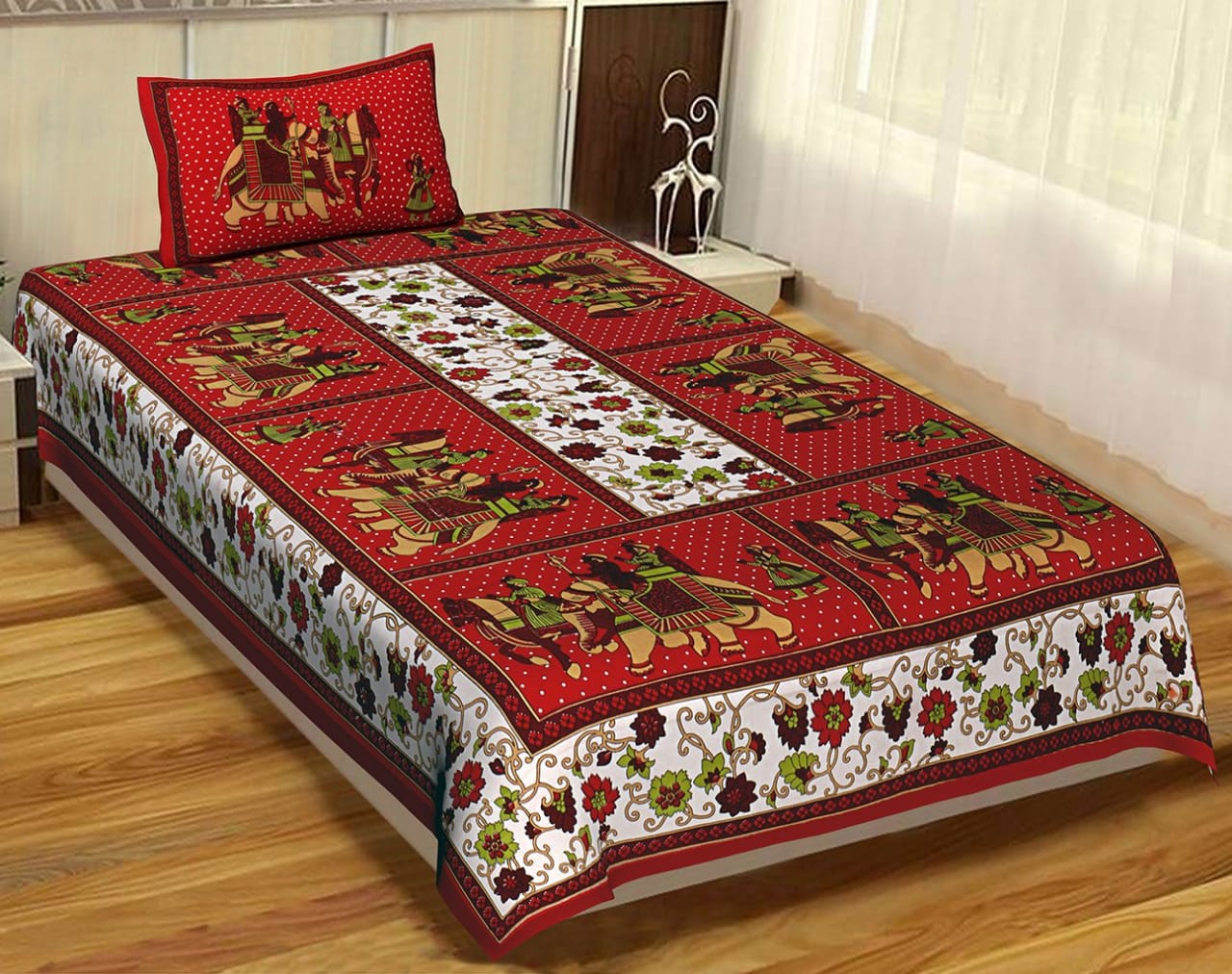 Printed Cotton Single Bedsheet with Pillow Cover (63x90 Inch)