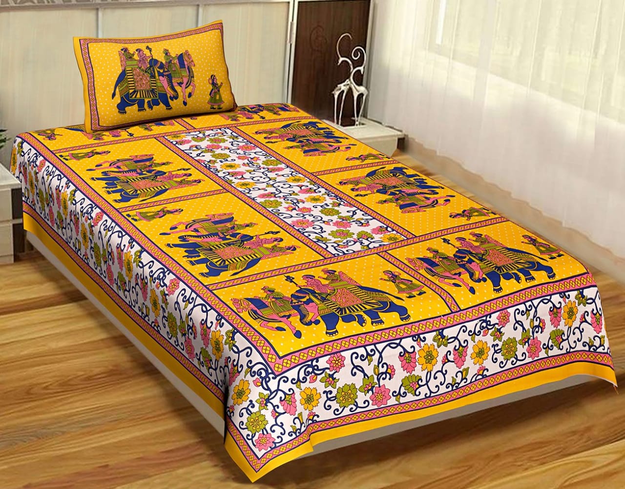 Printed Cotton Single Bedsheet with Pillow Cover (63x90 Inch)