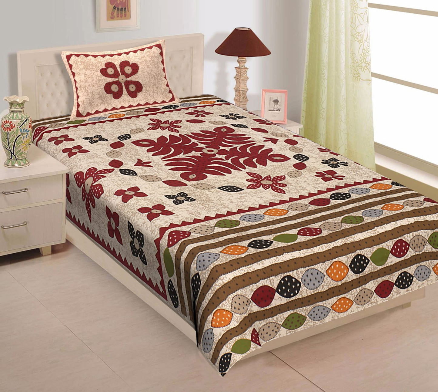 Printed Cotton Single Bedsheet with Pillow Cover (63x90 Inch)