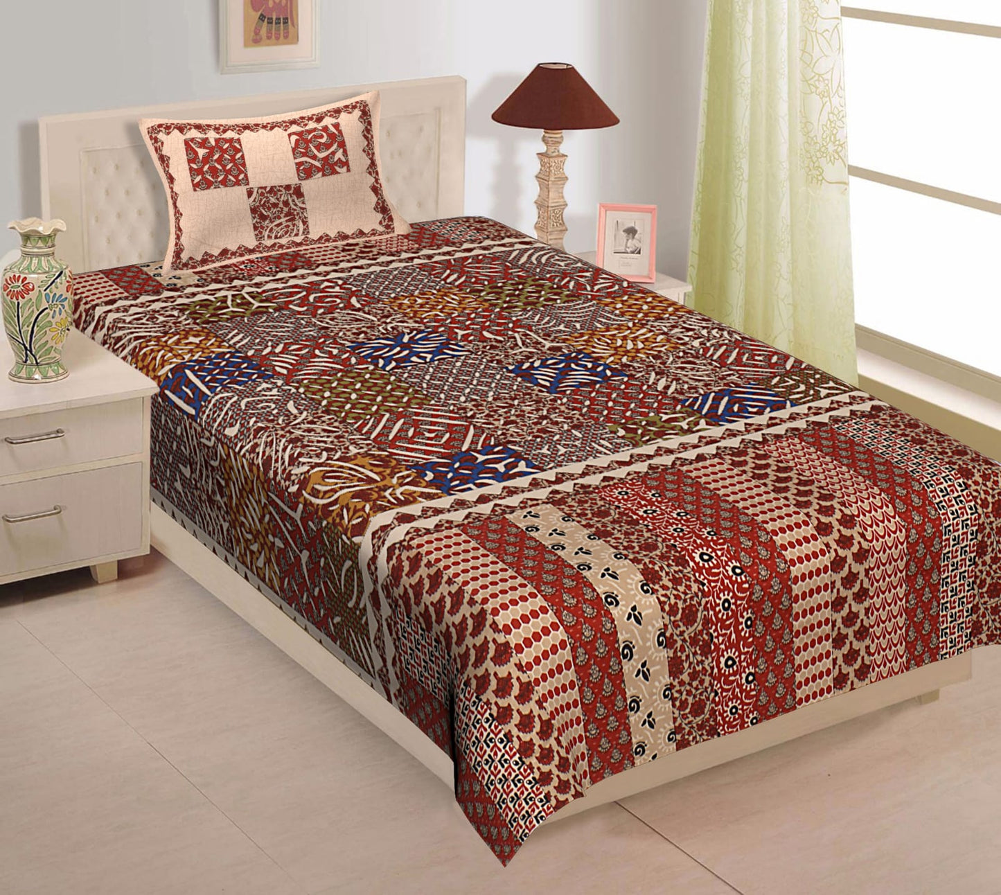 Printed Cotton Single Bedsheet with Pillow Cover (63x90 Inch)