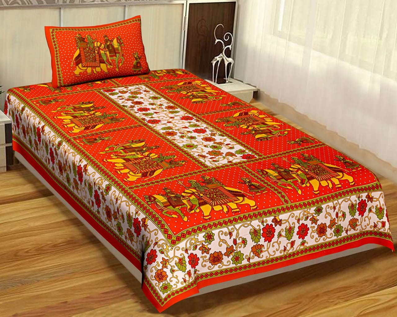 Printed Cotton Single Bedsheet with Pillow Cover (63x90 Inch)