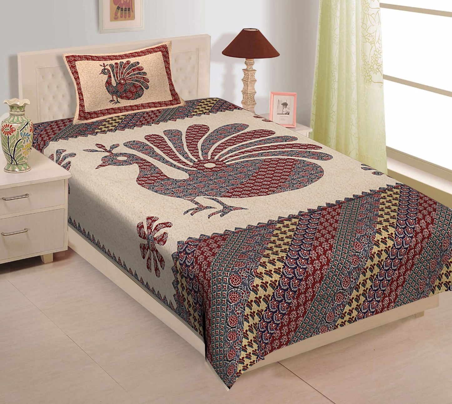 Printed Cotton Single Bedsheet with Pillow Cover (63x90 Inch)