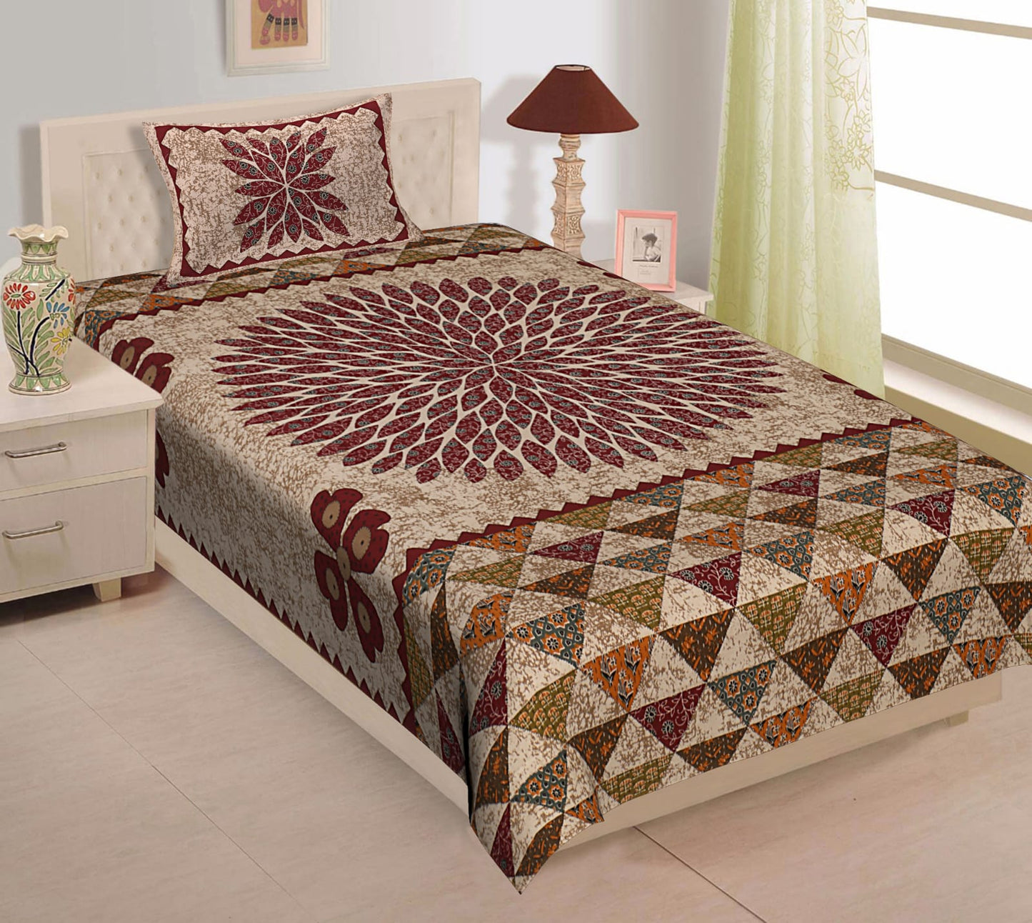 Printed Cotton Single Bedsheet with Pillow Cover (63x90 Inch)