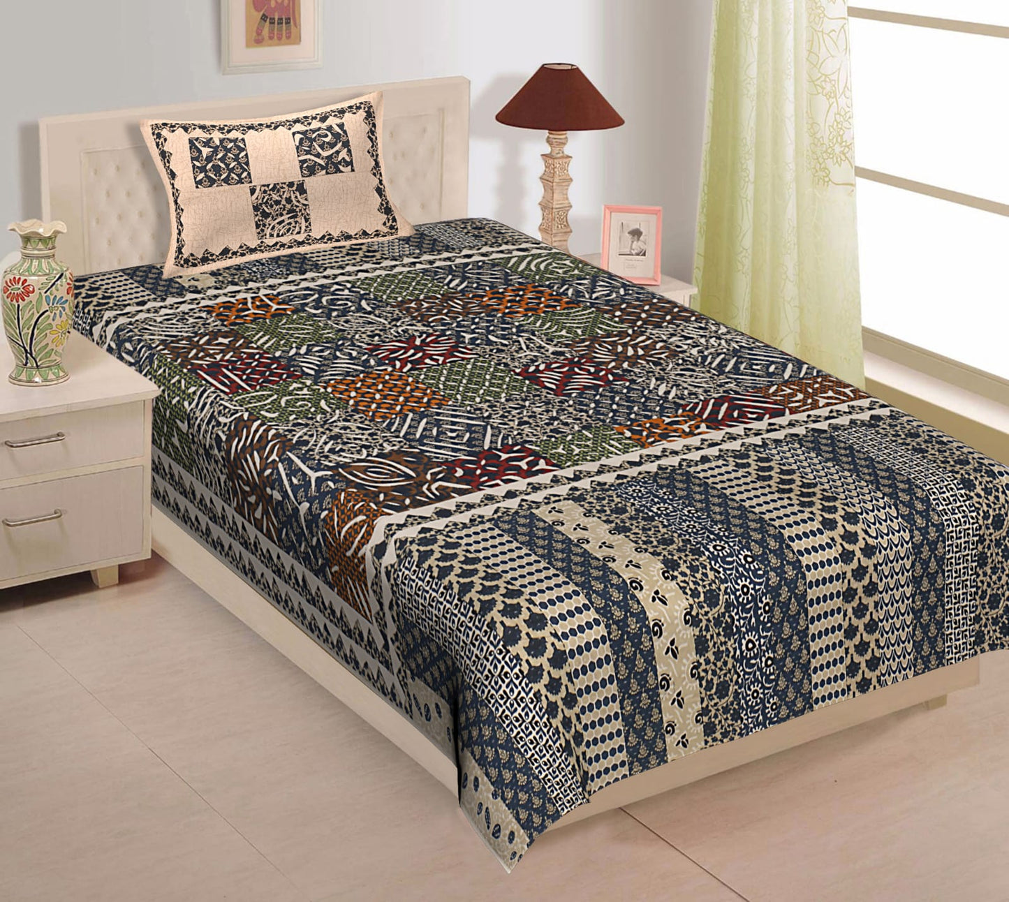 Printed Cotton Single Bedsheet with Pillow Cover (63x90 Inch)