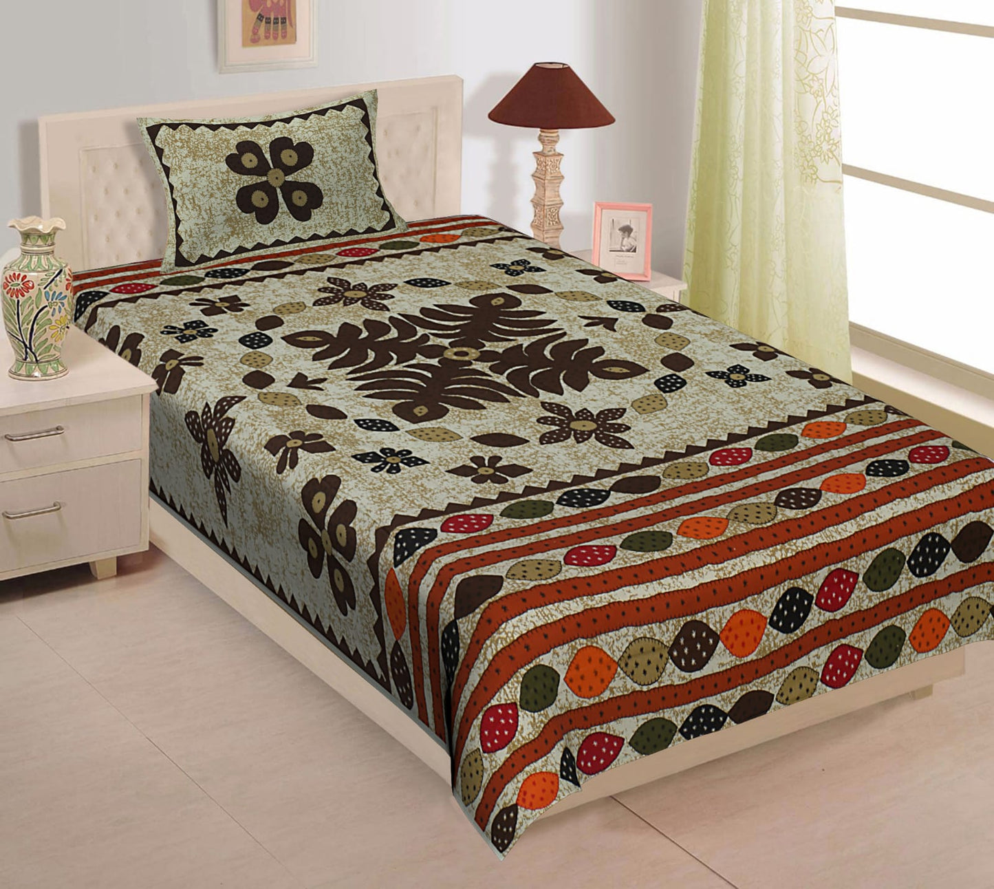 Printed Cotton Single Bedsheet with Pillow Cover (63x90 Inch)