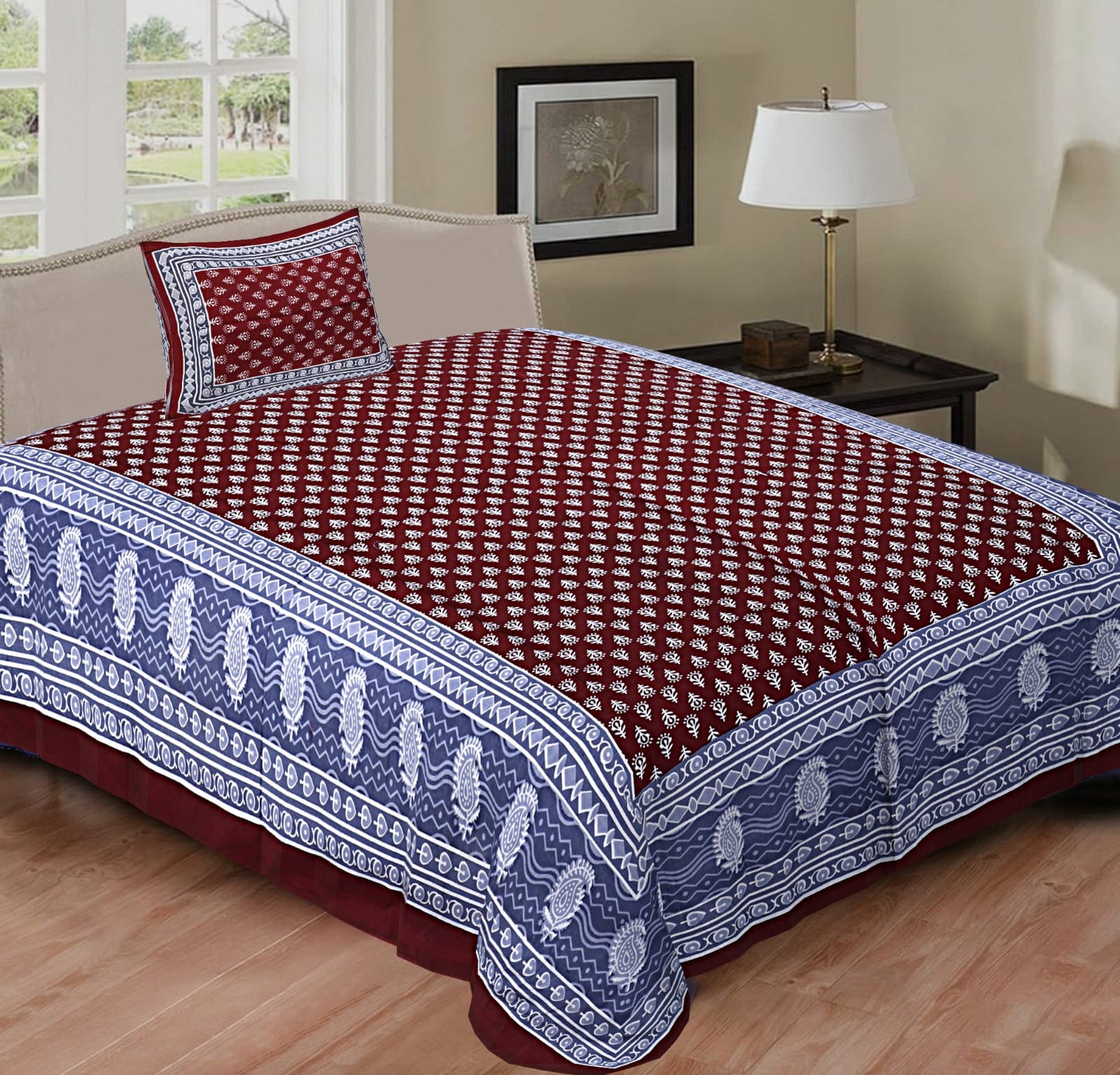 Printed Cotton Single Bedsheet with Pillow Cover (63x90 Inch)