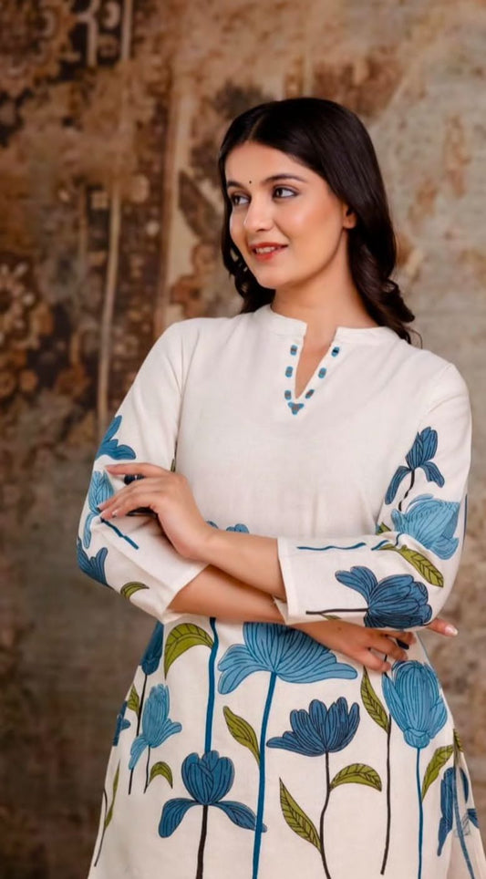 Printed Cotton Slub Co-ord Set | 2-Piece Kurti & Pant Set