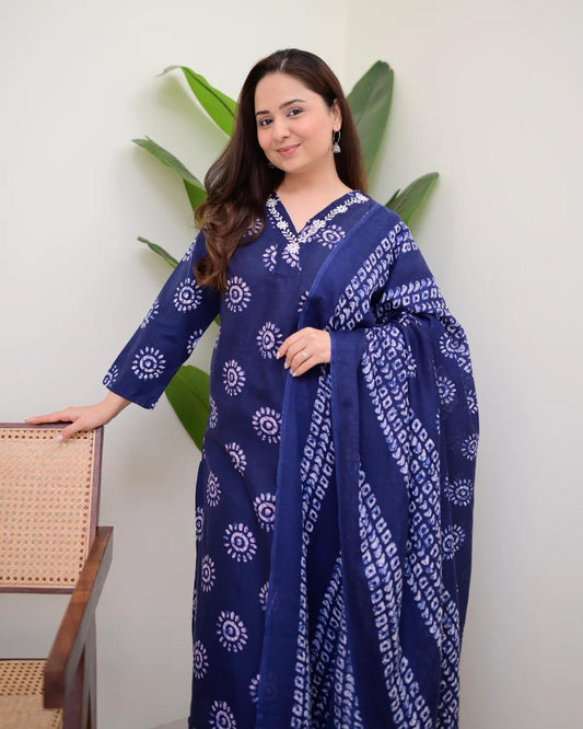 Printed Cotton Straight Kurta Set with Pant & Dupatta | 60x60 Cotton