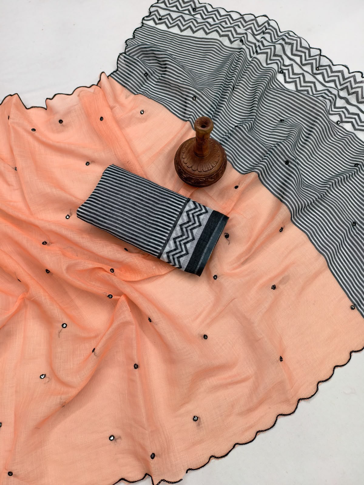 Printed Linen Cotton Saree with Aari Mirror Work & Cutwork Border