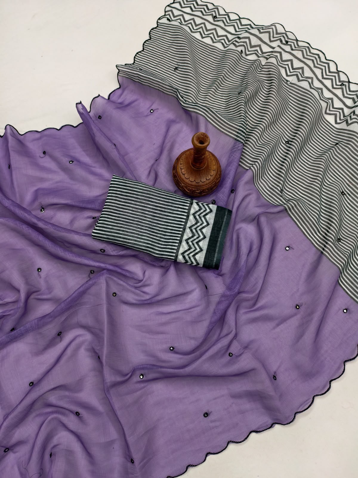 Printed Linen Cotton Saree with Aari Mirror Work & Cutwork Border