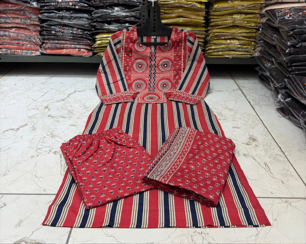 Procin Printed Cotton Suit Set with Katha, Mirror & Funda Work