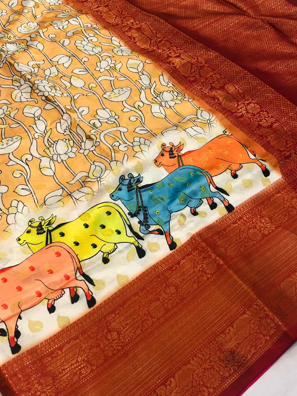 Banarasi Silk Pichwai Kalamkari Saree with Zari Gold Kanchi Weaving