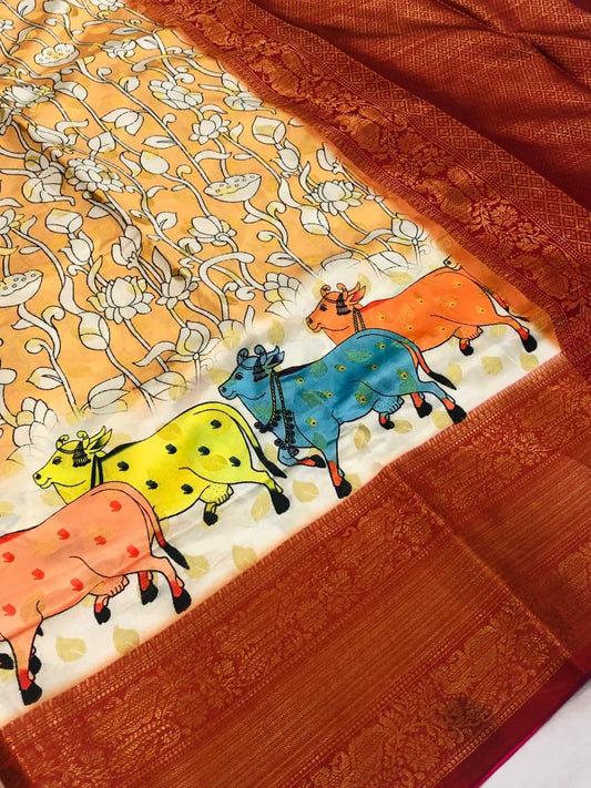 Banarasi Silk Pichwai Kalamkari Saree with Zari Gold Kanchi Weaving