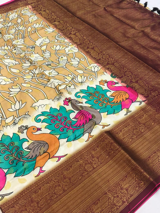 Banarasi Silk Pichwai Kalamkari Saree with Zari Gold Kanchi Weaving