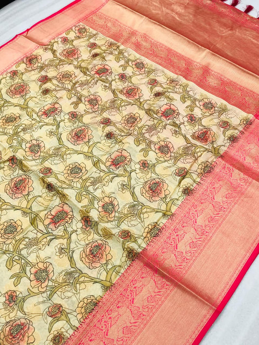 Banarasi Silk Pichwai Kalamkari Saree with Zari Gold Kanchi Weaving